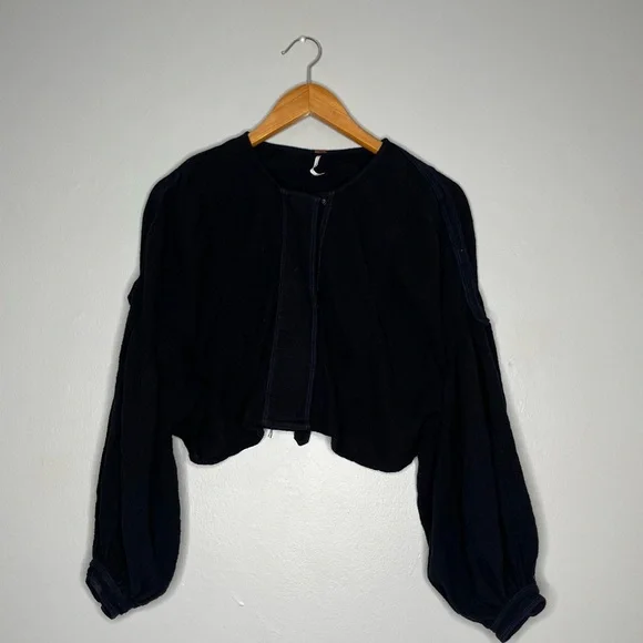 Free People Day Dreaming Black Button Front Balloon Sleeve Blouse Top FLAWED - Picture 5 of 11